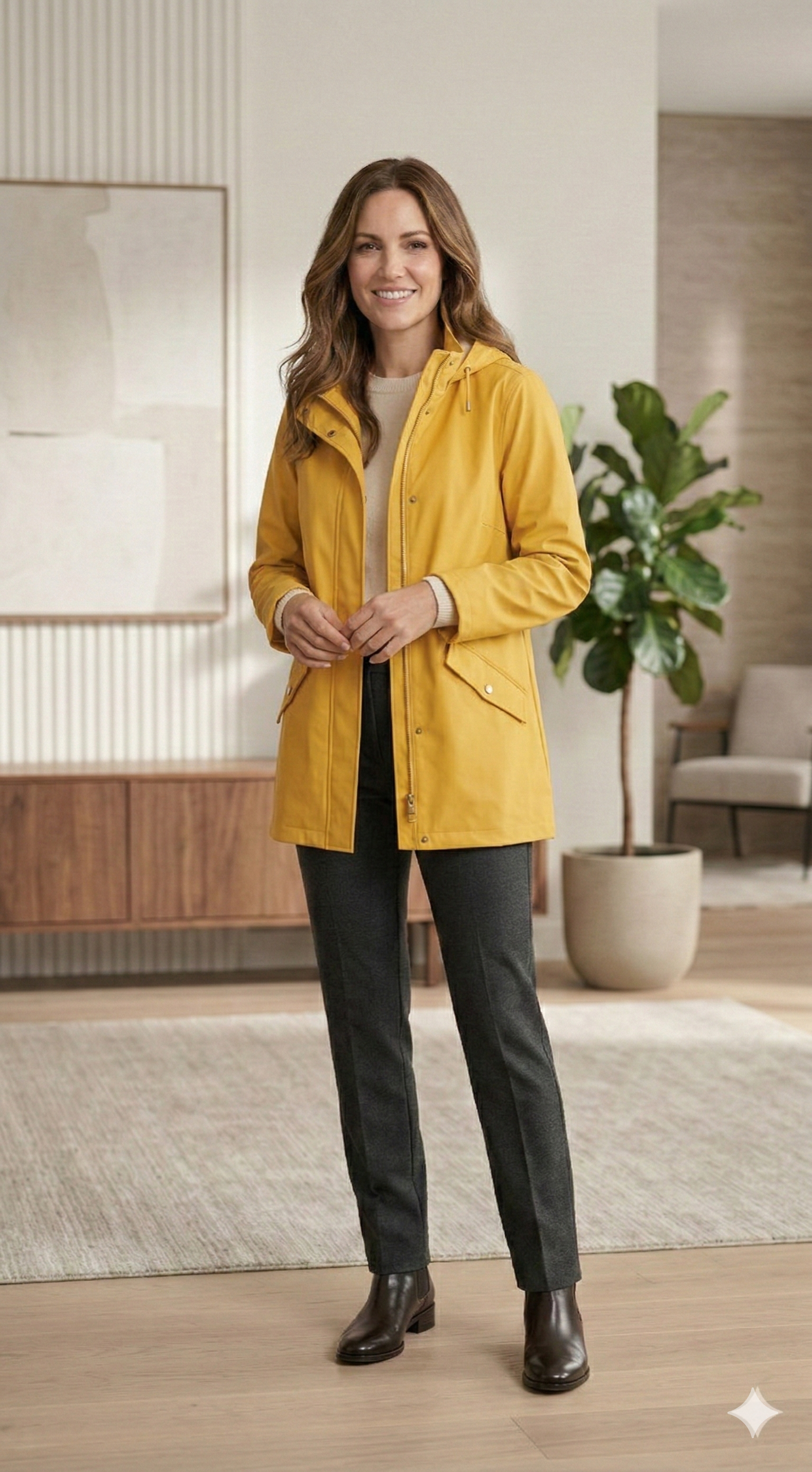 Generated try-on result with yellow raincoat